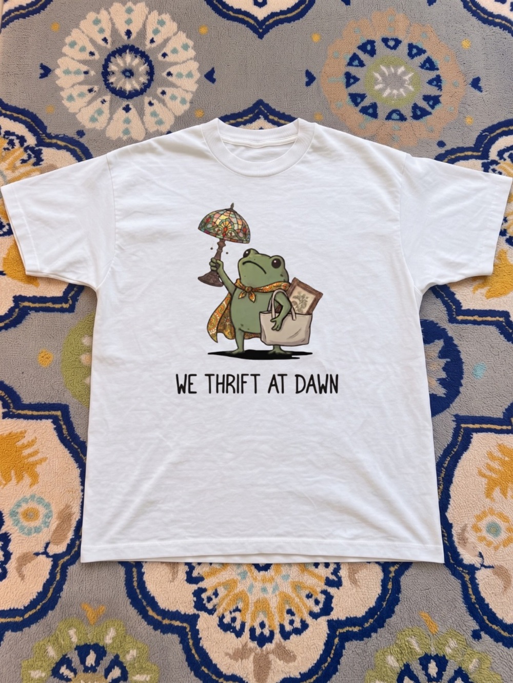 Gildan White Tee with Green Frog Holding Stained-Glass Umbrella